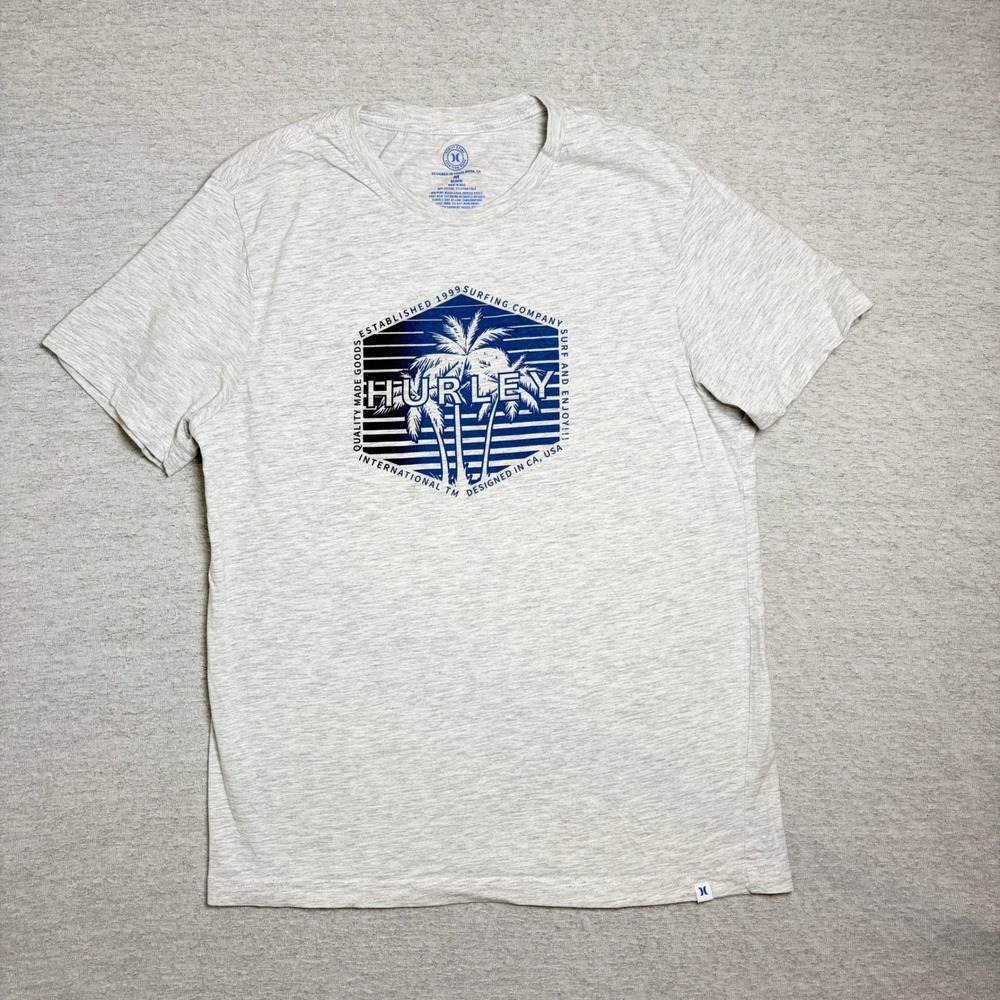 Hurley Mens T-Shirt Medium Gray Heather Palm Tree Graphic Surf Tee
